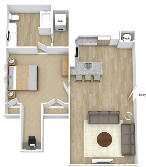 Floor plan for 1 bed, 1 bath, 754 sqft
